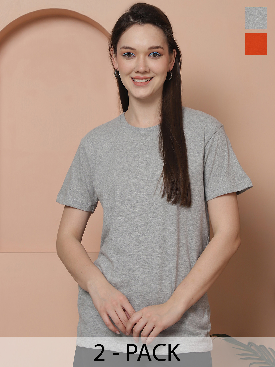 

Friskers Women Pack Of 2 Solid Pure Cotton Oversized T-shirts, Grey melange
