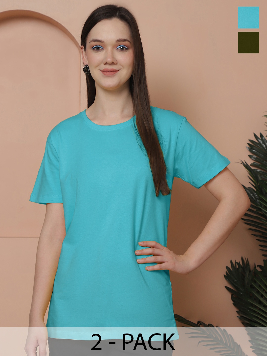 

Friskers Women Pack Of 2 Solid Pure Cotton Oversized T-shirts, Turquoise blue
