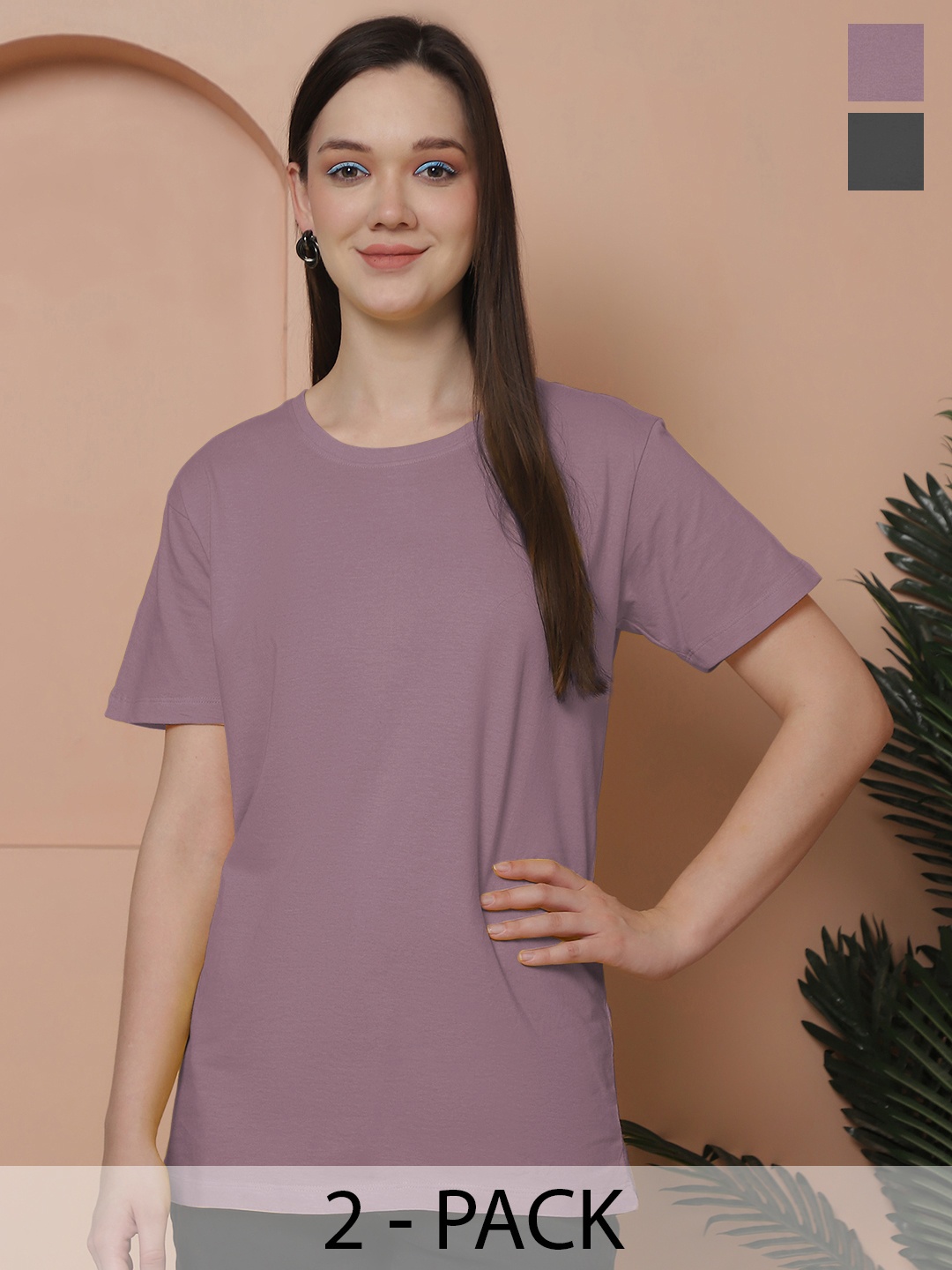 

Friskers Women Pack Of 2 Solid Pure Cotton Oversized T-shirts, Purple