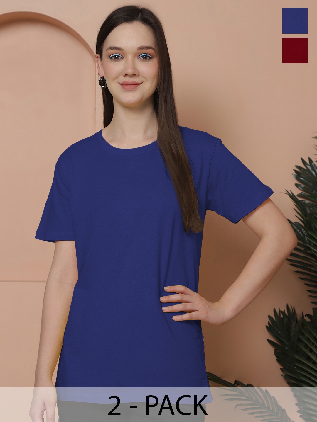 

Friskers Women Pack Of 2 Solid Pure Cotton Oversized T-shirts, Blue