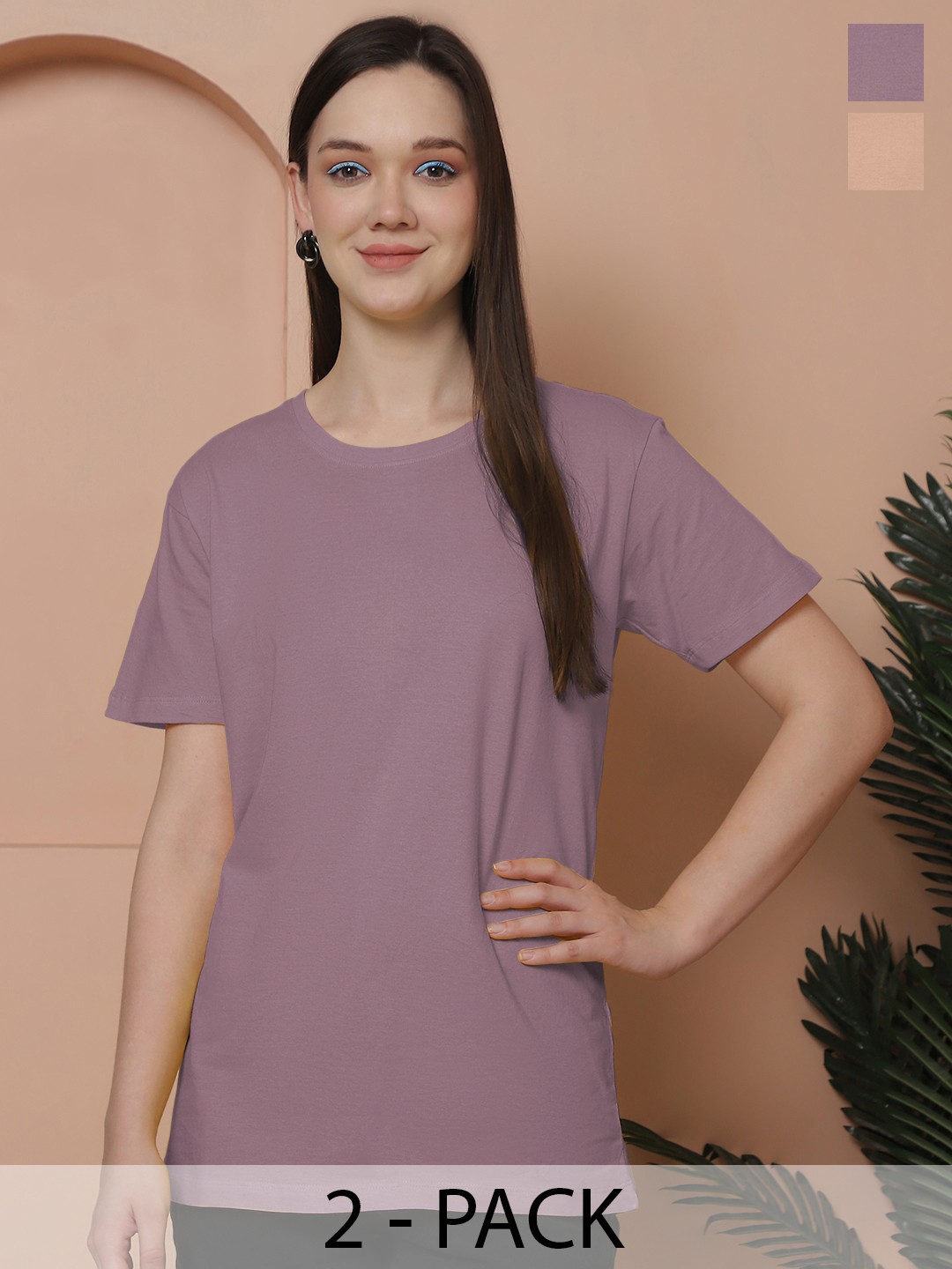 

Friskers Women Pack Of 2 Solid Pure Cotton Oversized T-shirts, Purple