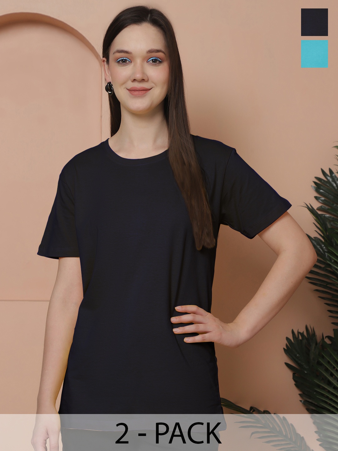 Friskers Women Pack Of 2 Solid Pure Cotton Oversized T-shirts, Navy blue