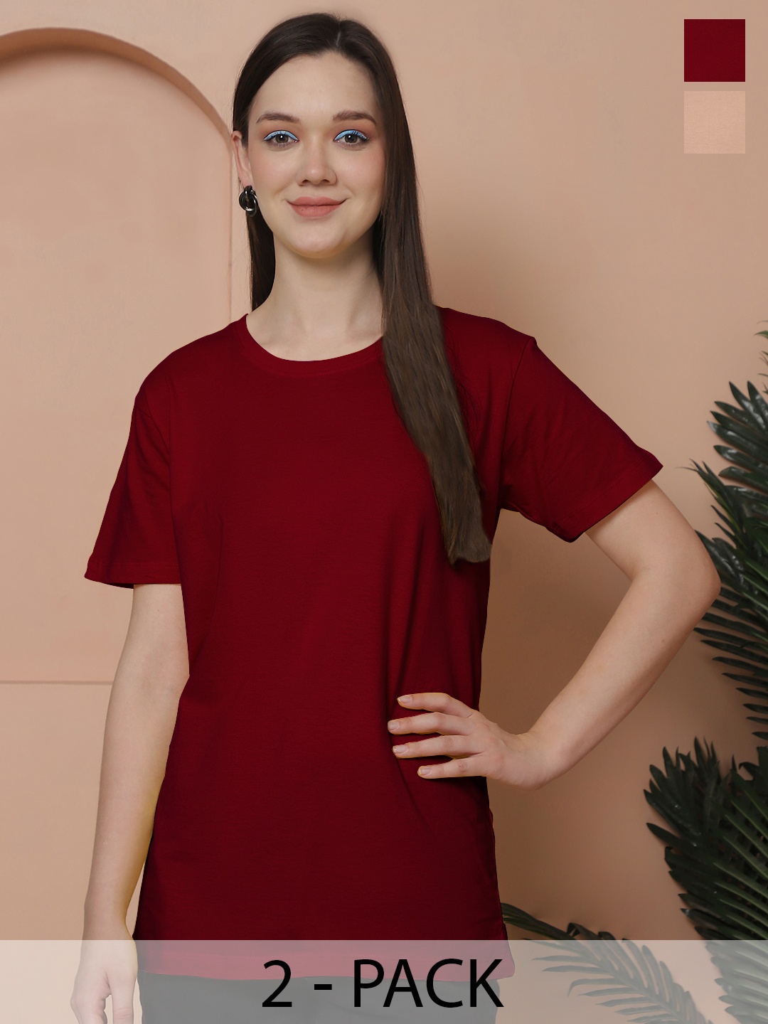 

Friskers Women Pack Of 2 Solid Pure Cotton Oversized T-shirts, Maroon