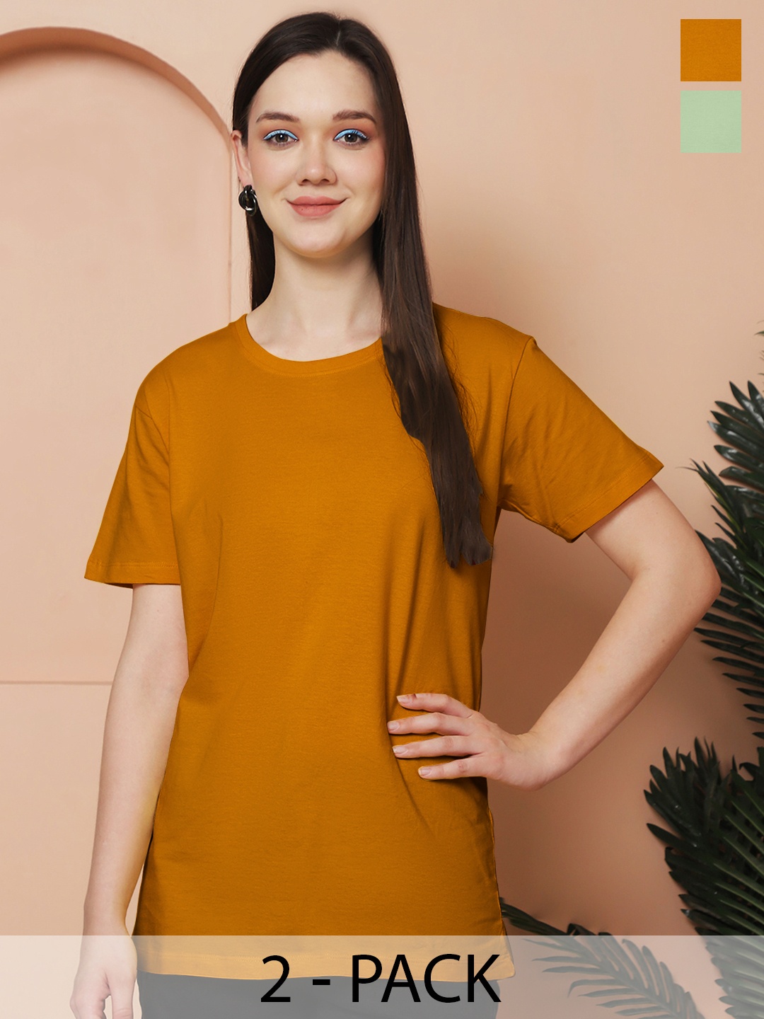 

Friskers Women Pack Of 2 Solid Pure Cotton Oversized T-shirts, Mustard