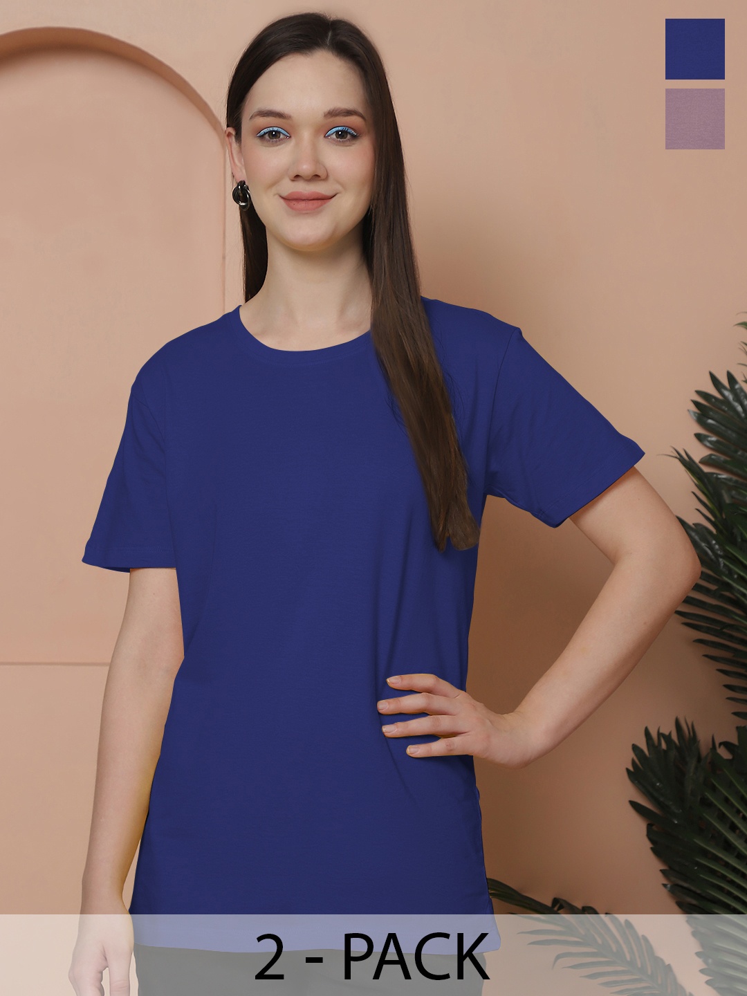 Friskers Women Pack Of 2 Solid Pure Cotton Oversized T-shirts, Blue