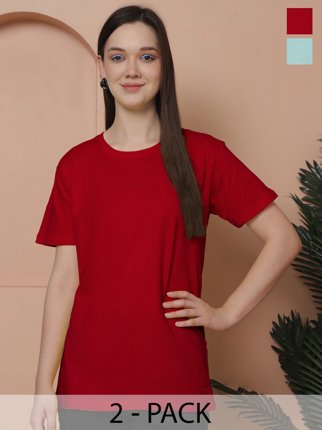 

Friskers Women Pack Of 2 Solid Pure Cotton Oversized T-shirts, Red