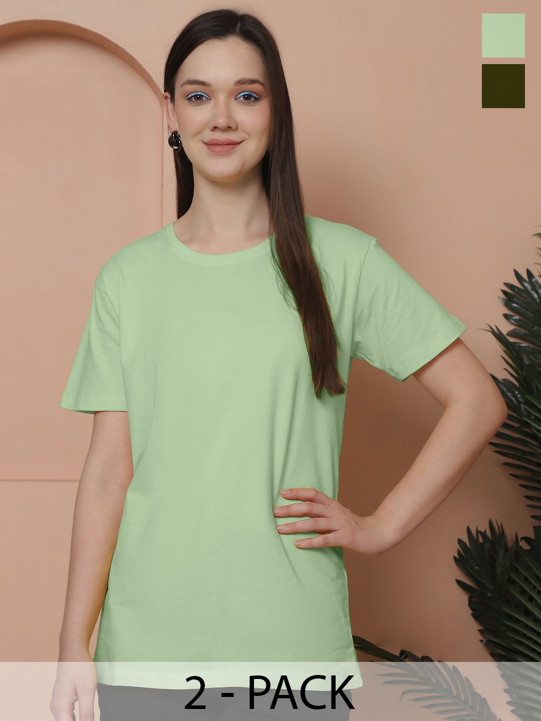 Friskers Women Pack Of 2 Solid Pure Cotton Oversized T-shirts, Green