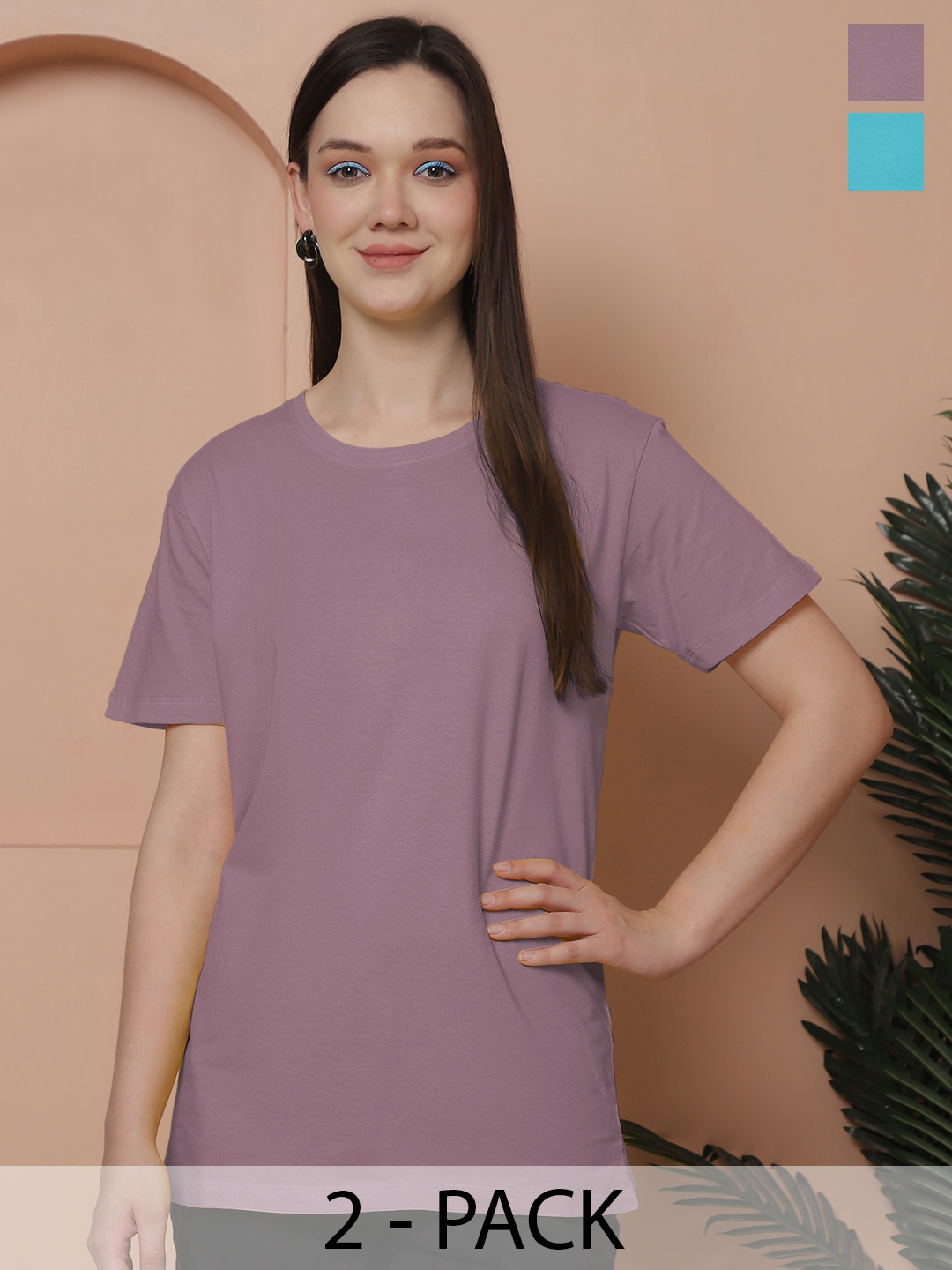 

Friskers Women Pack Of 2 Solid Pure Cotton Oversized T-shirts, Purple