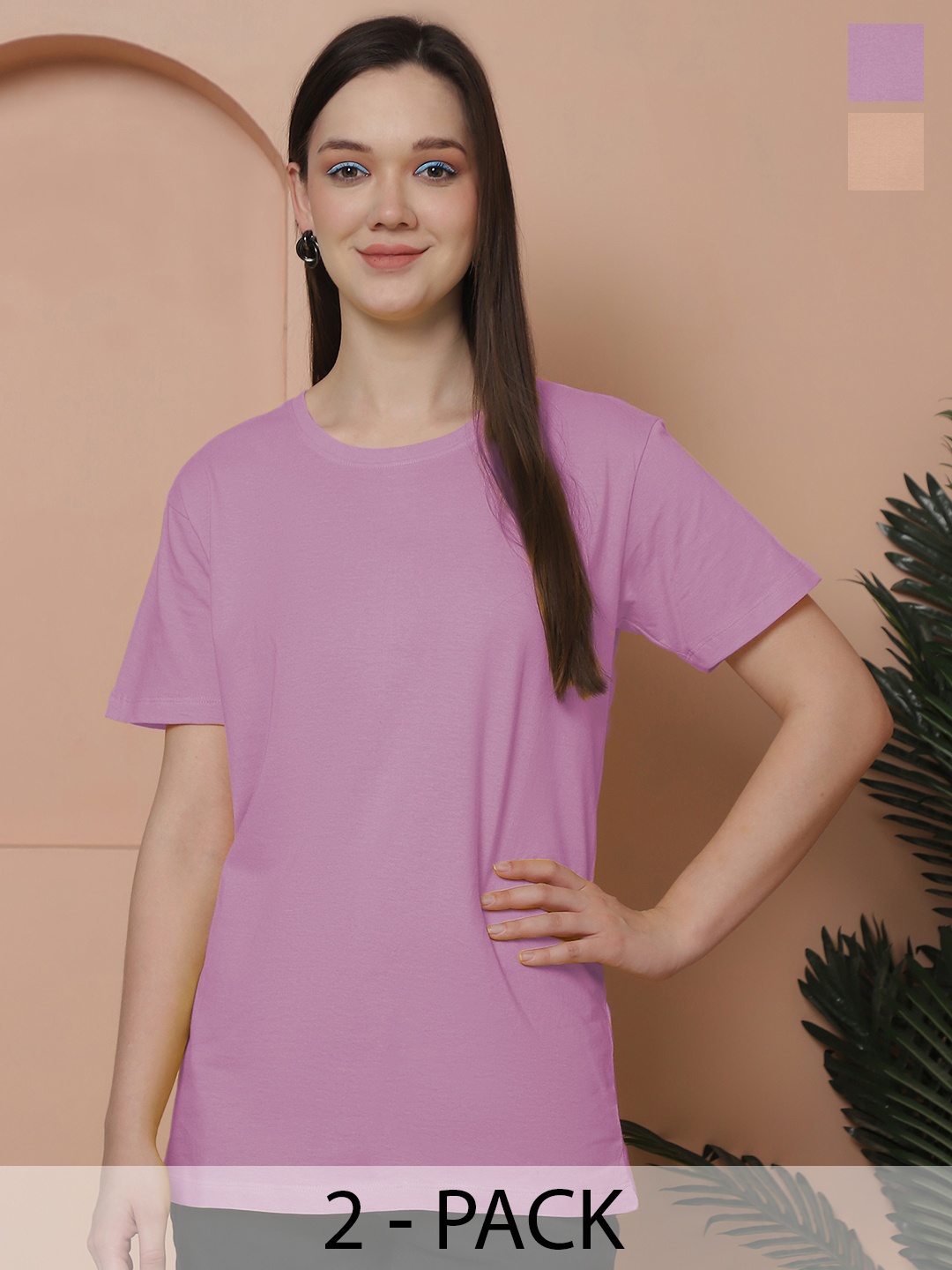 

Friskers Women Pack Of 2 Solid Pure Cotton Oversized T-shirts, Purple