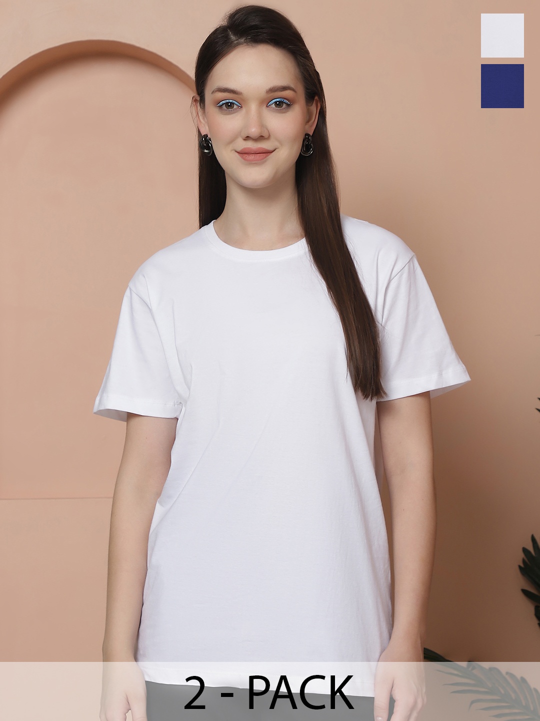 

Friskers Women Pack Of 2 Solid Pure Cotton Oversized T-shirts, White