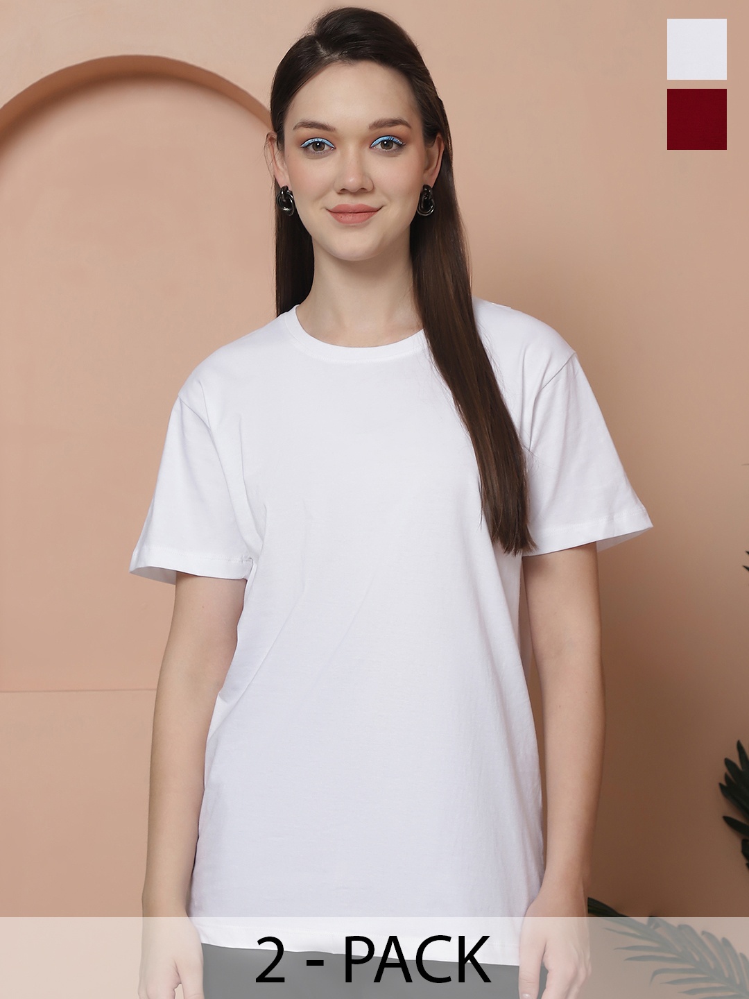 

Friskers Women Pack Of 2 Solid Pure Cotton Oversized T-shirts, White