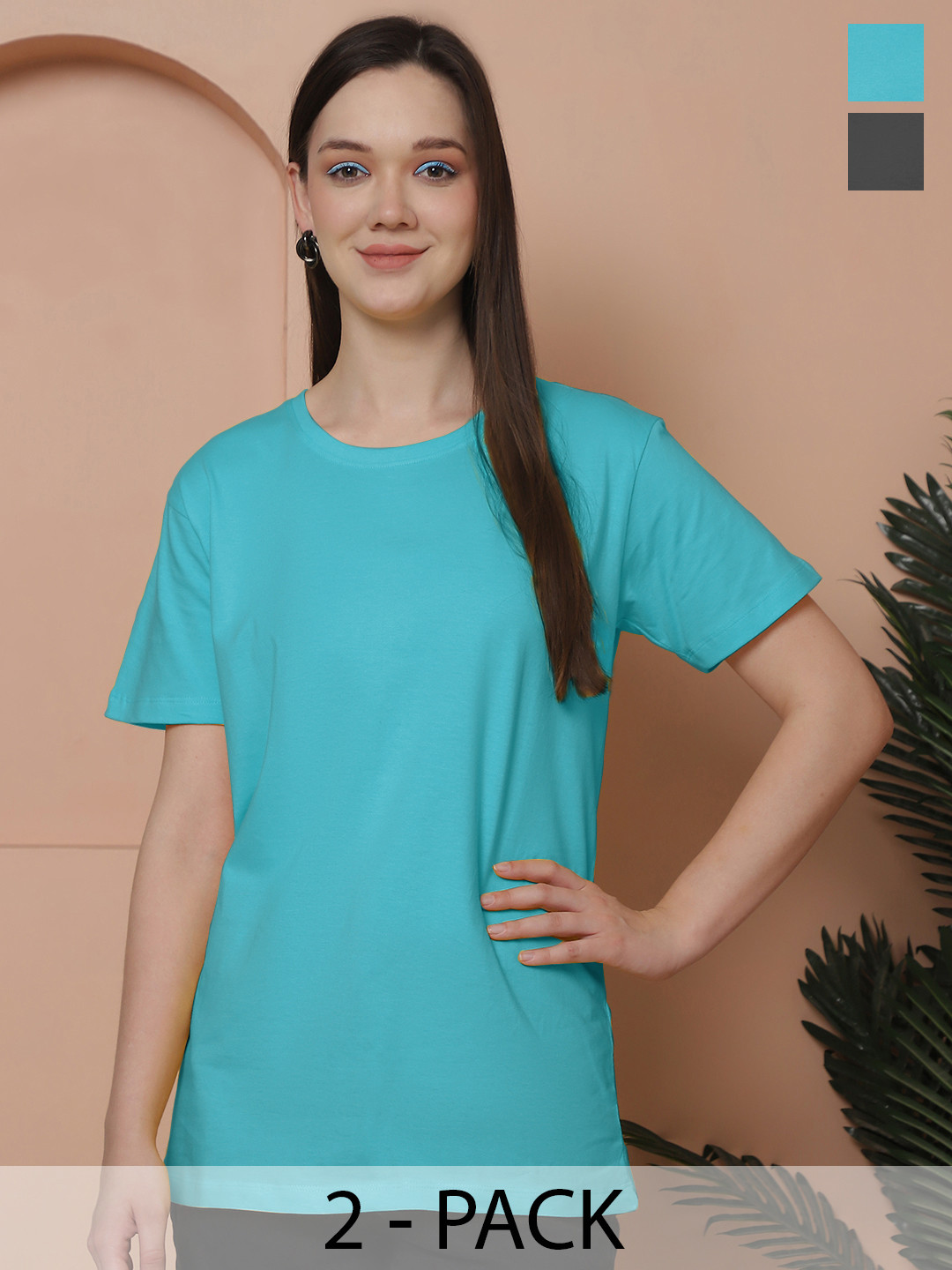 

Friskers Women Pack Of 2 Solid Pure Cotton Oversized T-shirts, Turquoise blue