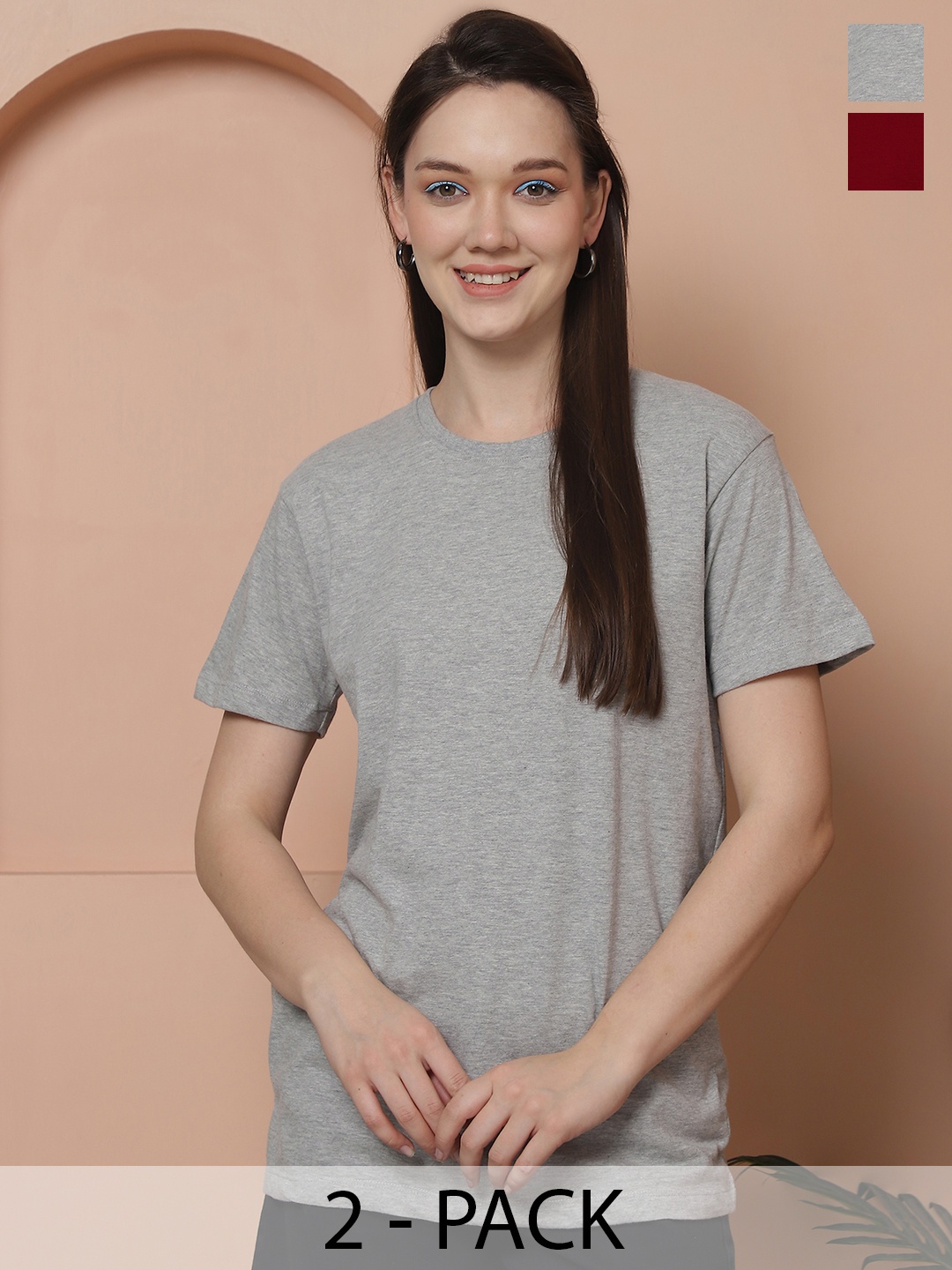 

Friskers Women Pack Of 2 Solid Pure Cotton Oversized T-shirts, Grey