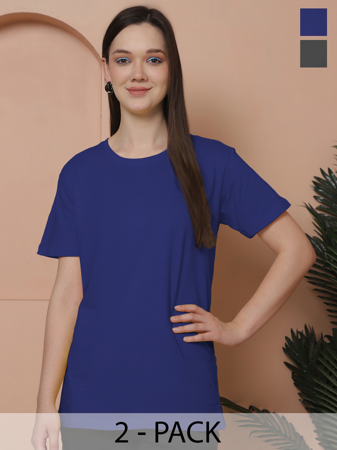 Friskers Women Pack Of 2 Solid Pure Cotton Oversized T-shirts, Blue