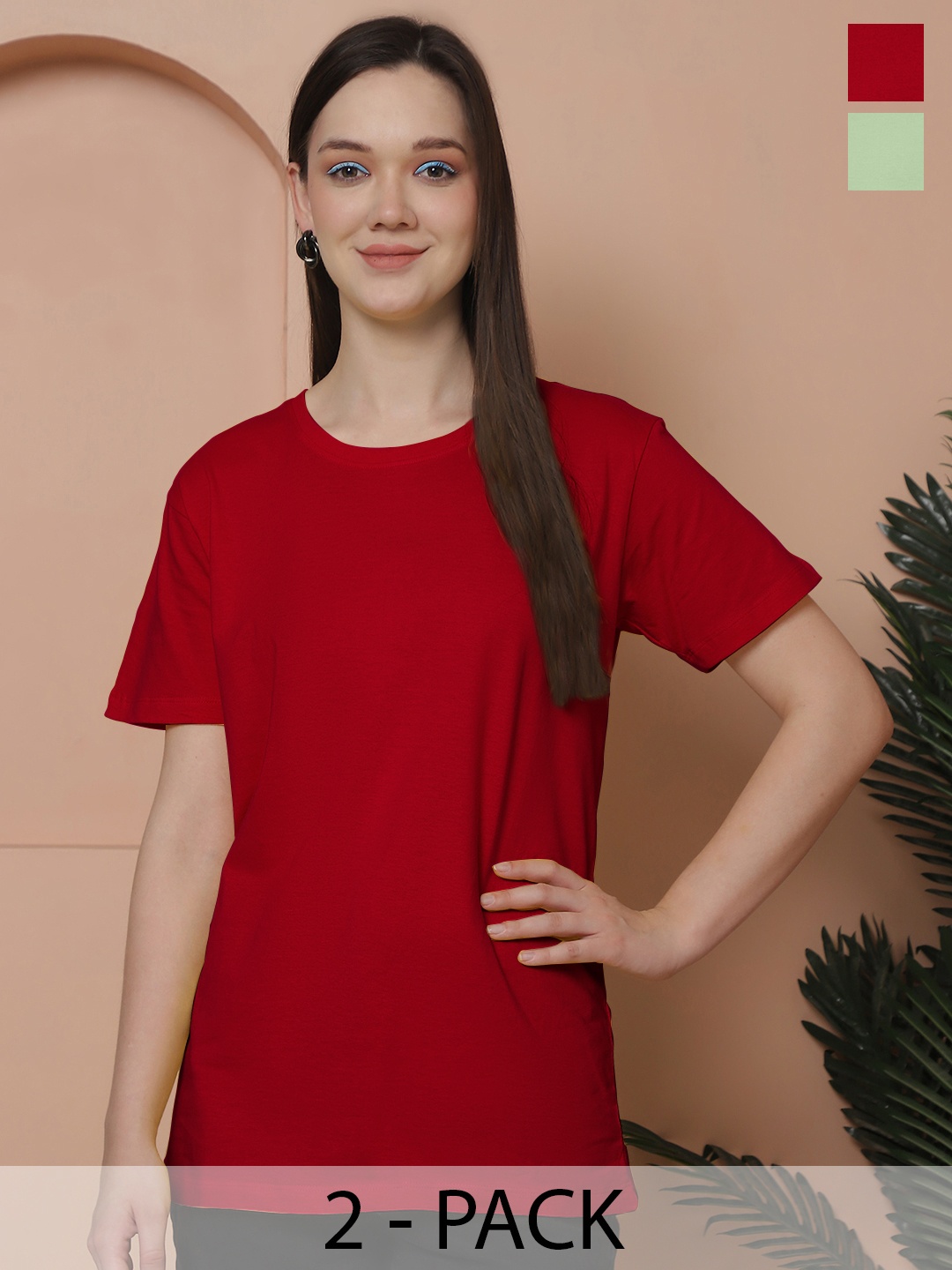 

Friskers Women Pack Of 2 Solid Pure Cotton Oversized T-shirts, Red