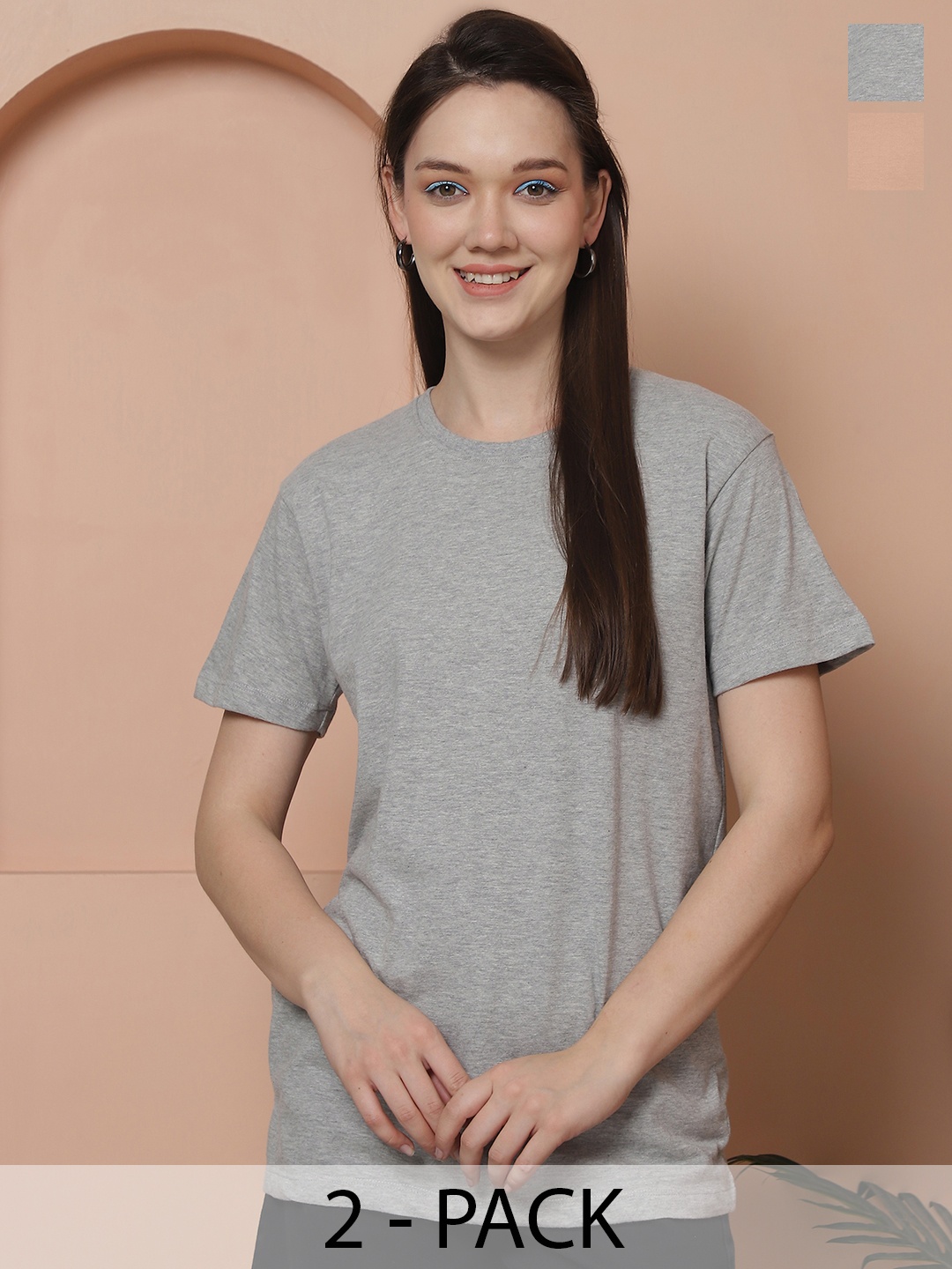 

Friskers Women Pack Of 2 Solid Pure Cotton Oversized T-shirts, Grey melange
