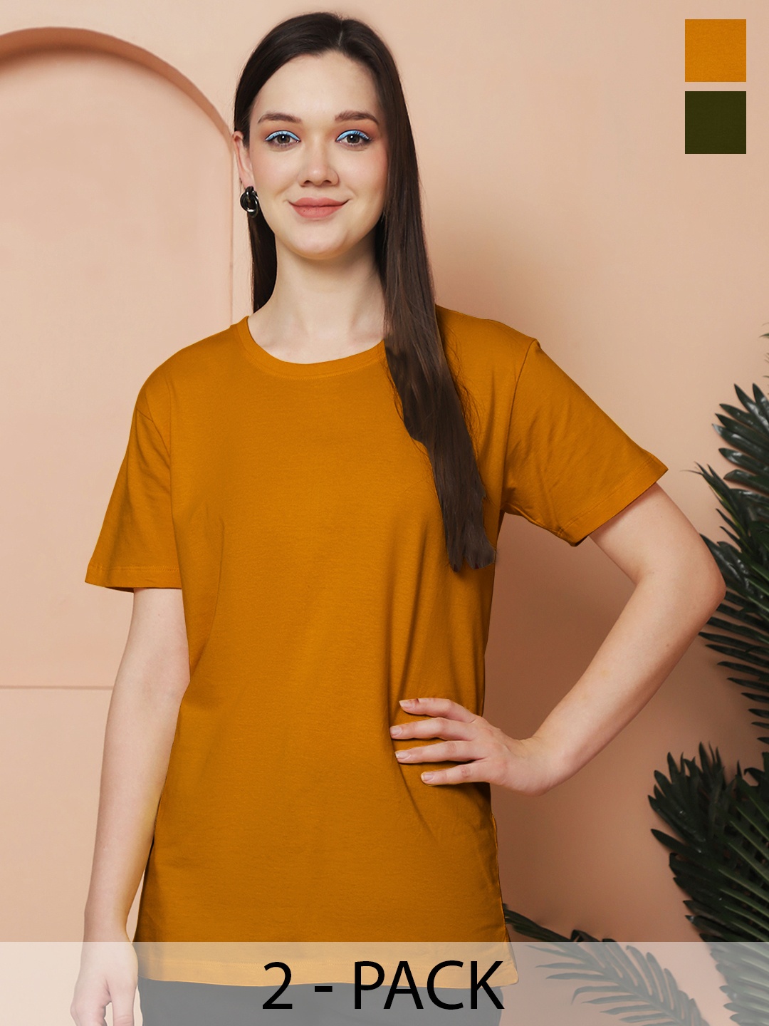 

Friskers Women Pack Of 2 Solid Pure Cotton Oversized T-shirts, Mustard