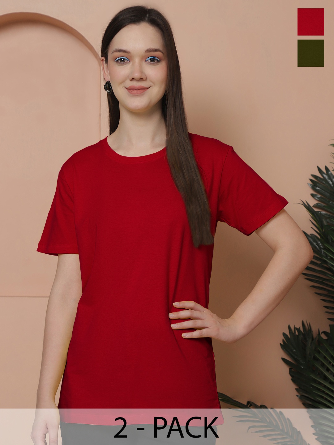 

Friskers Women Pack Of 2 Solid Pure Cotton Oversized T-shirts, Red