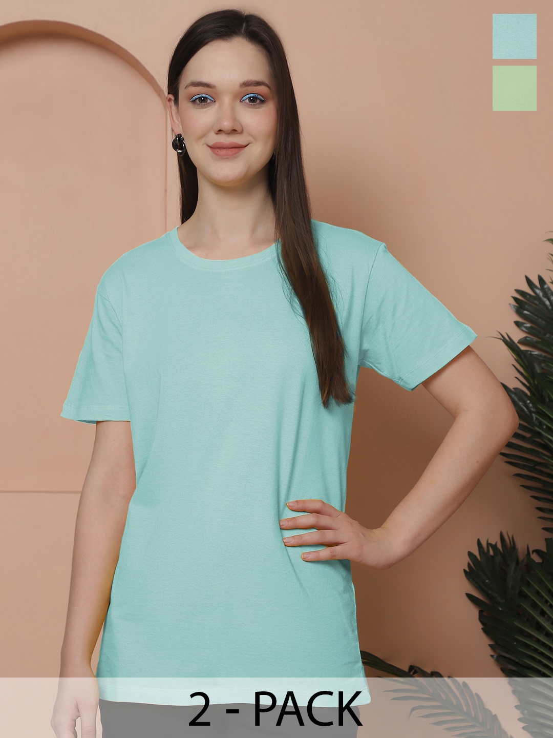 

Friskers Women Pack Of 2 Solid Pure Cotton Oversized T-shirts, Sea green