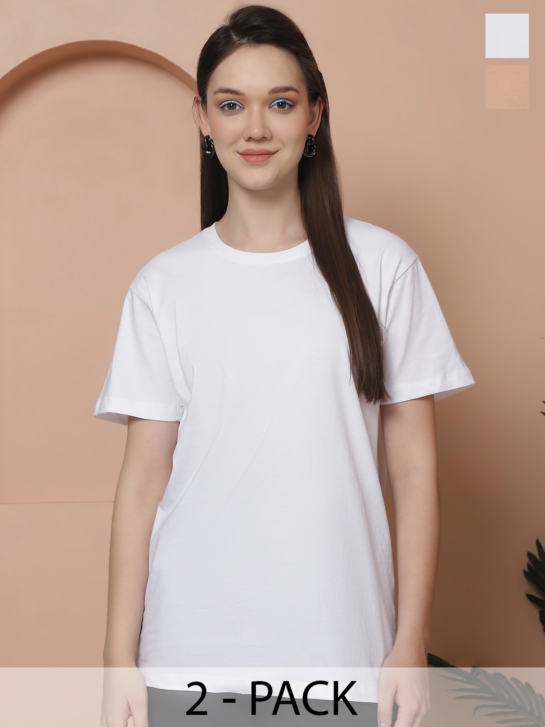 

Friskers Women Pack Of 2 Solid Pure Cotton Oversized T-shirts, White