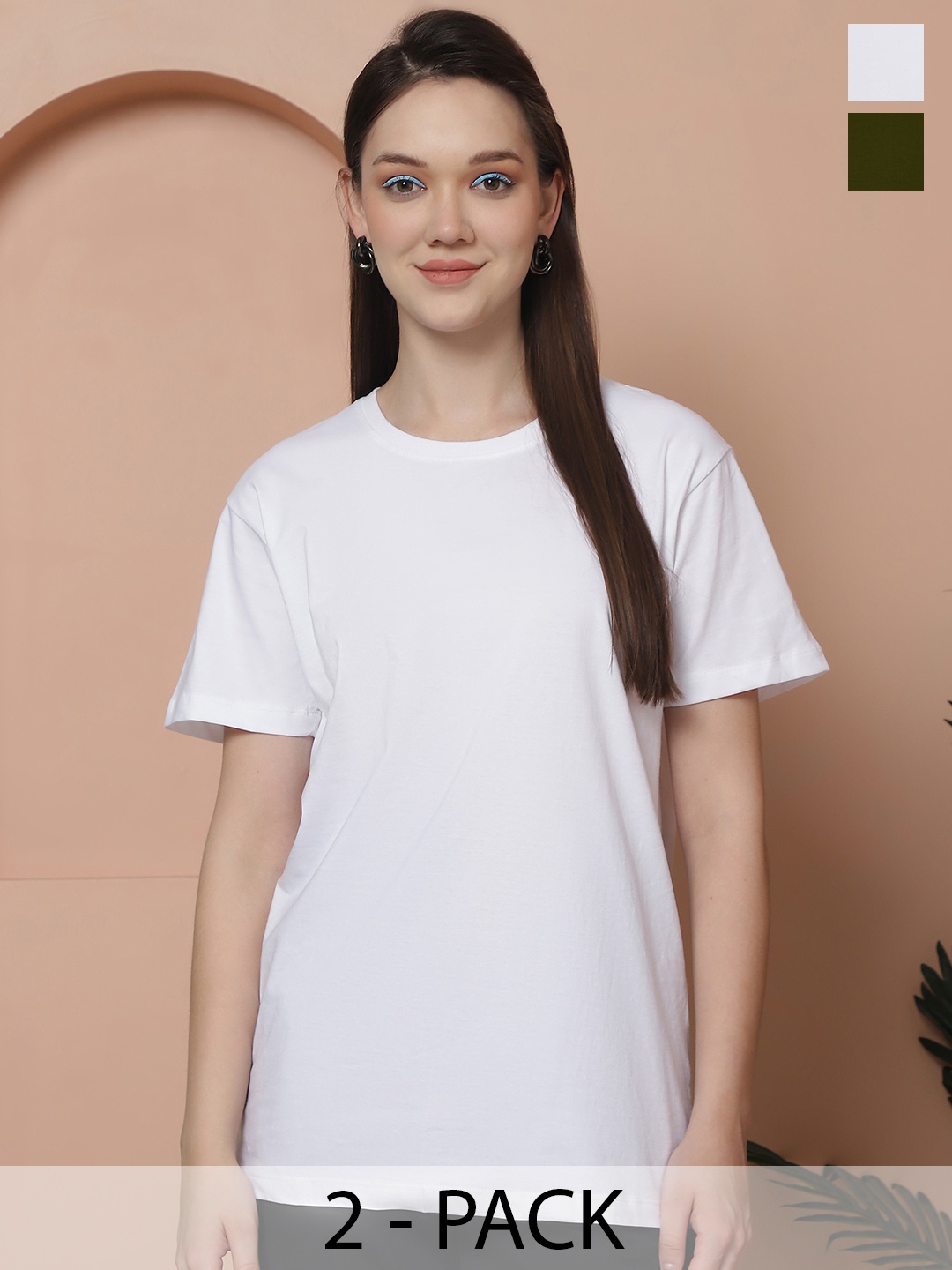 

Friskers Women Pack Of 2 Solid Pure Cotton Oversized T-shirts, White