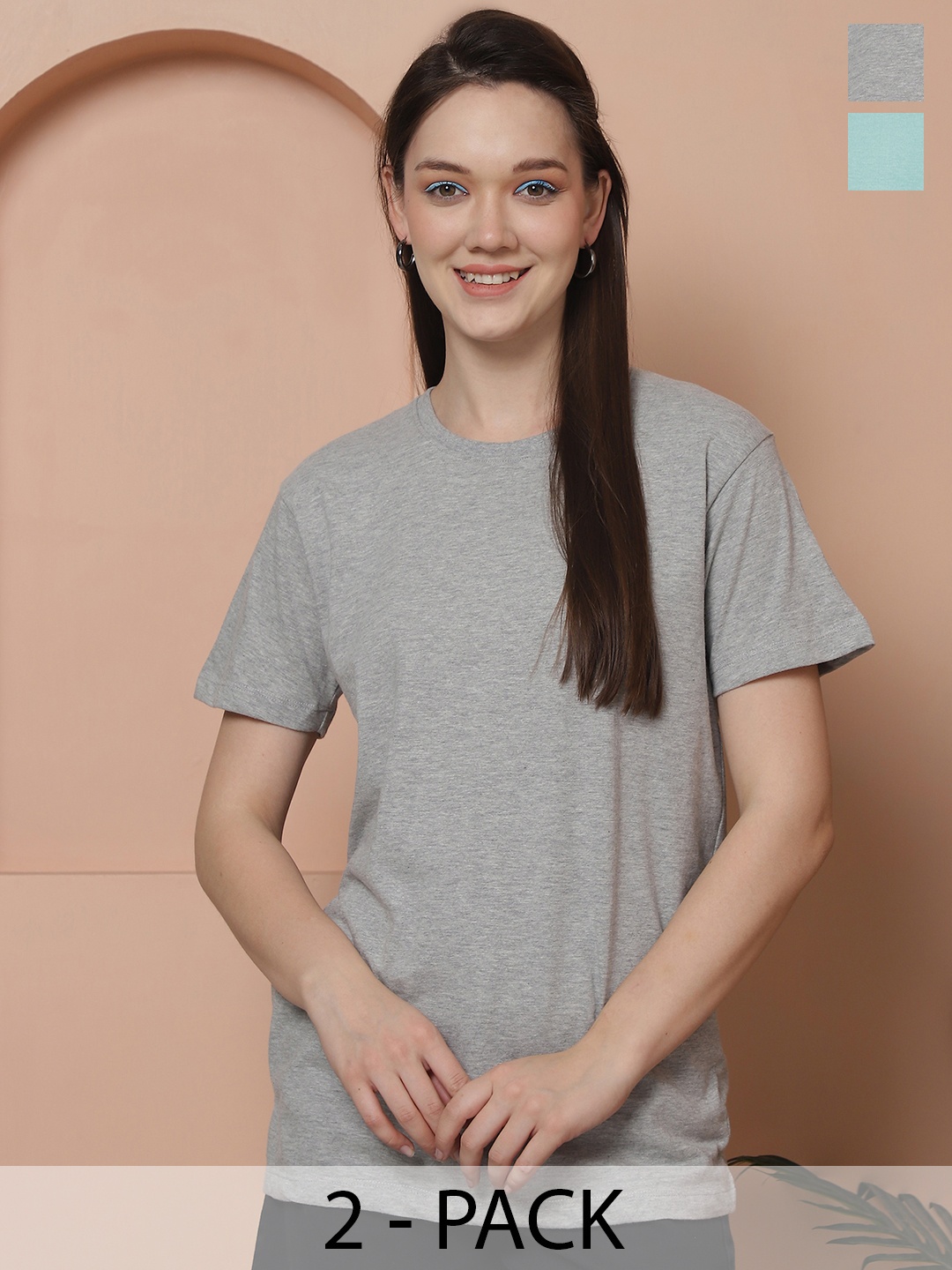 Friskers Women Pack Of 2 Solid Pure Cotton Oversized T-shirts, Grey melange