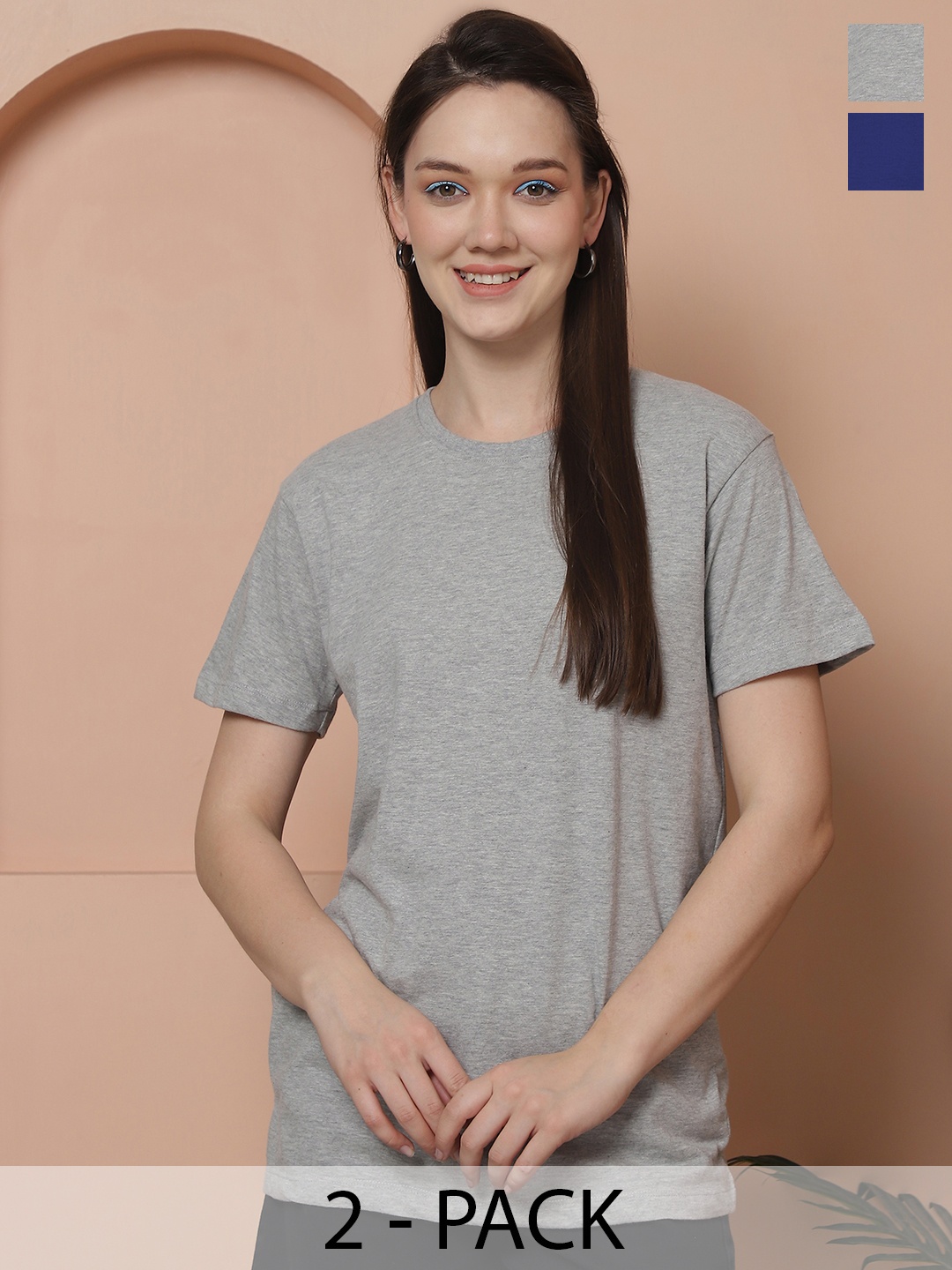 

Friskers Women Pack Of 2 Solid Pure Cotton Oversized T-shirts, Grey melange