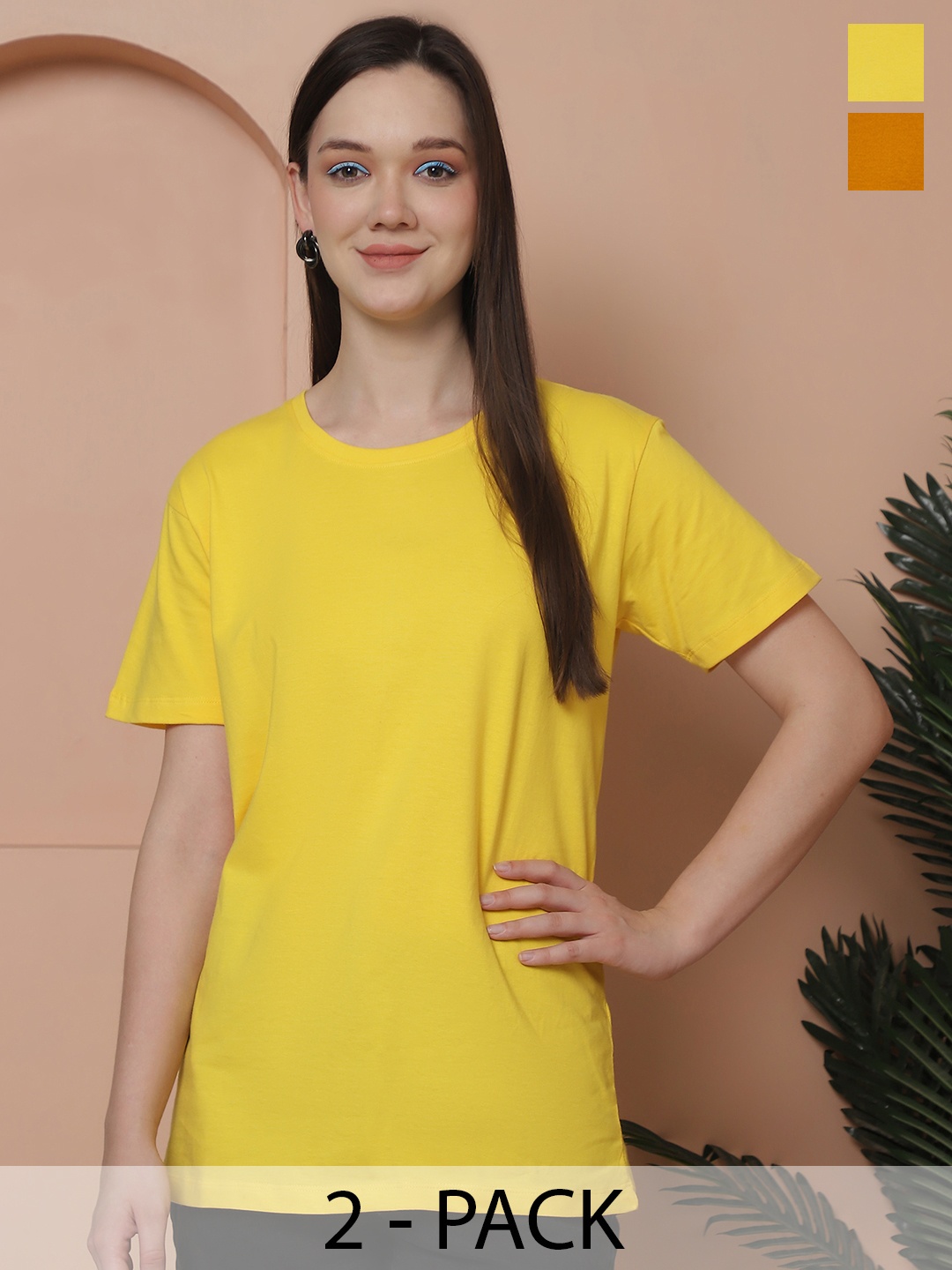Friskers Women Pack Of 2 Solid Pure Cotton Oversized T-shirts, Yellow