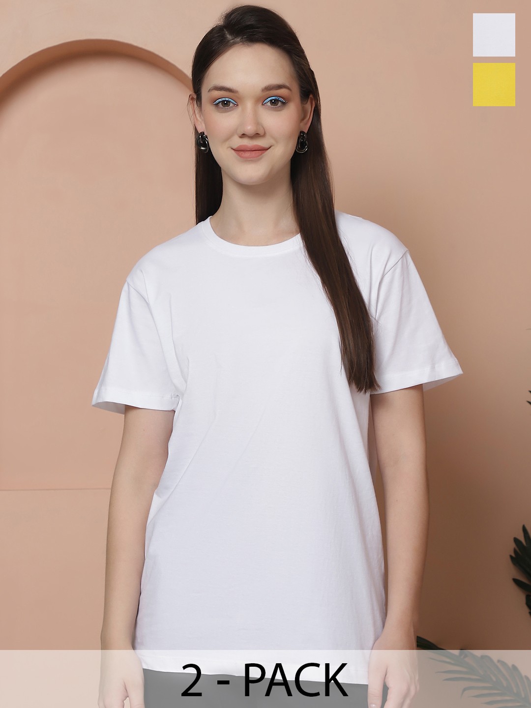 Friskers Women Pack Of 2 Solid Pure Cotton Oversized T-shirts, White
