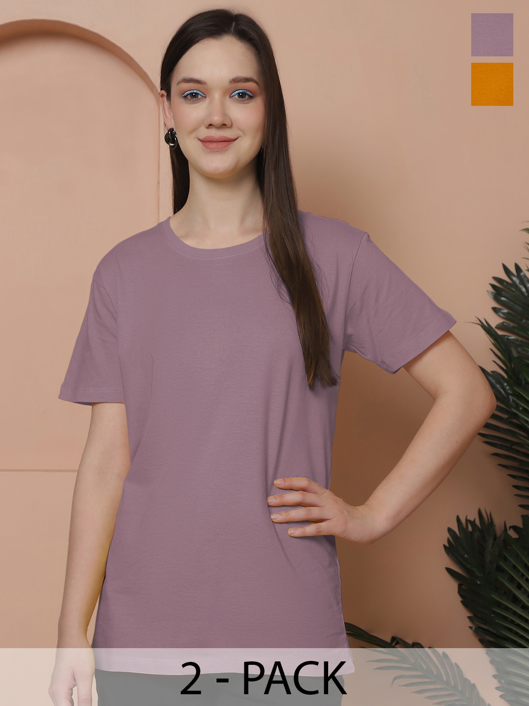 

Friskers Women Pack Of 2 Solid Pure Cotton Oversized T-shirts, Purple