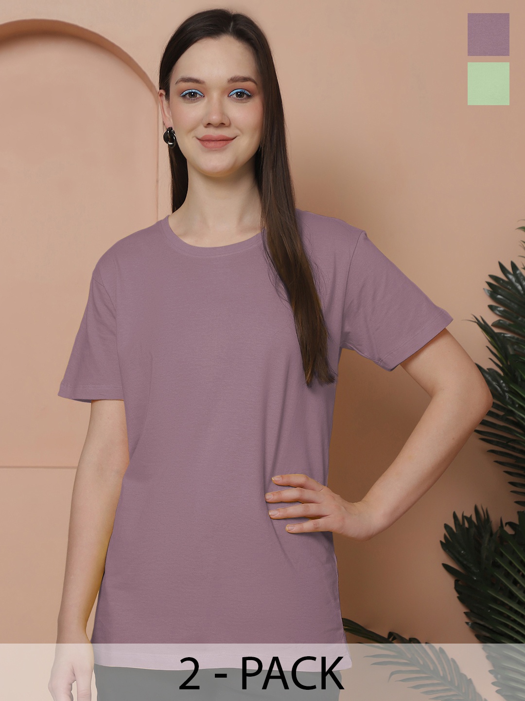 

Friskers Women Pack Of 2 Solid Pure Cotton Oversized T-shirts, Purple