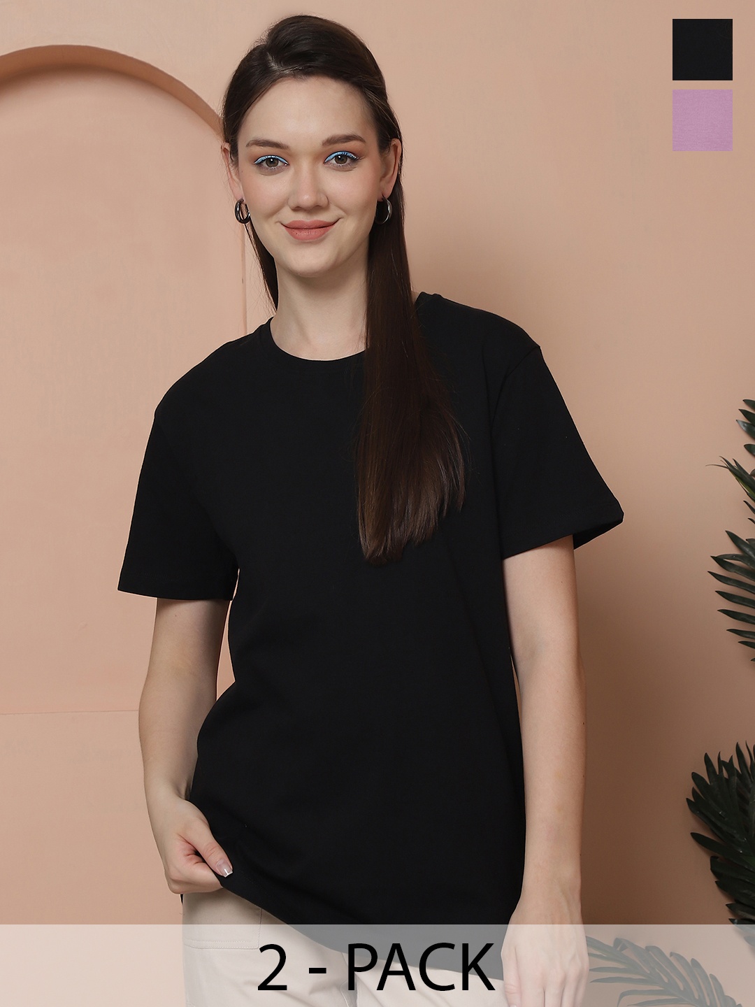 Friskers Women Pack Of 2 Solid Pure Cotton Oversized T-shirts, Black