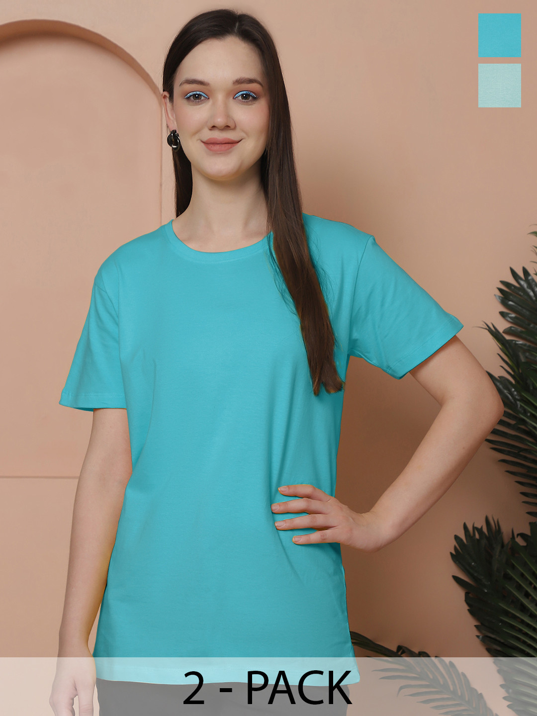 

Friskers Women Pack Of 2 Solid Pure Cotton Oversized T-shirts, Turquoise blue