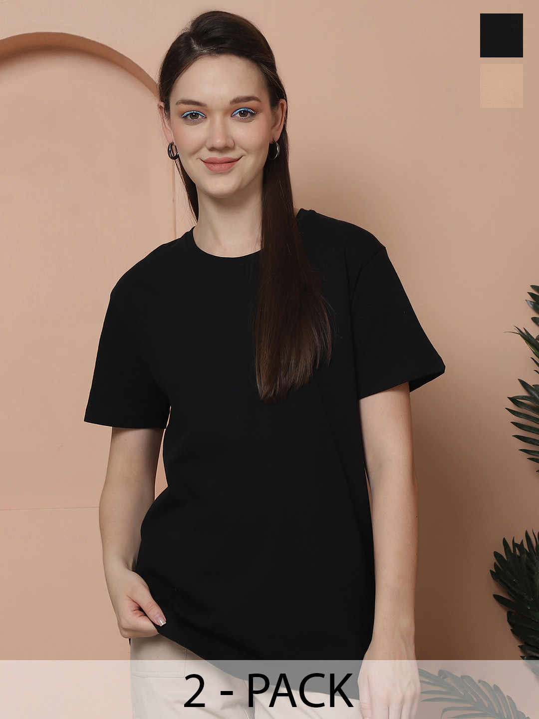 

Friskers Women Pack Of 2 Solid Pure Cotton Oversized T-shirts, Black