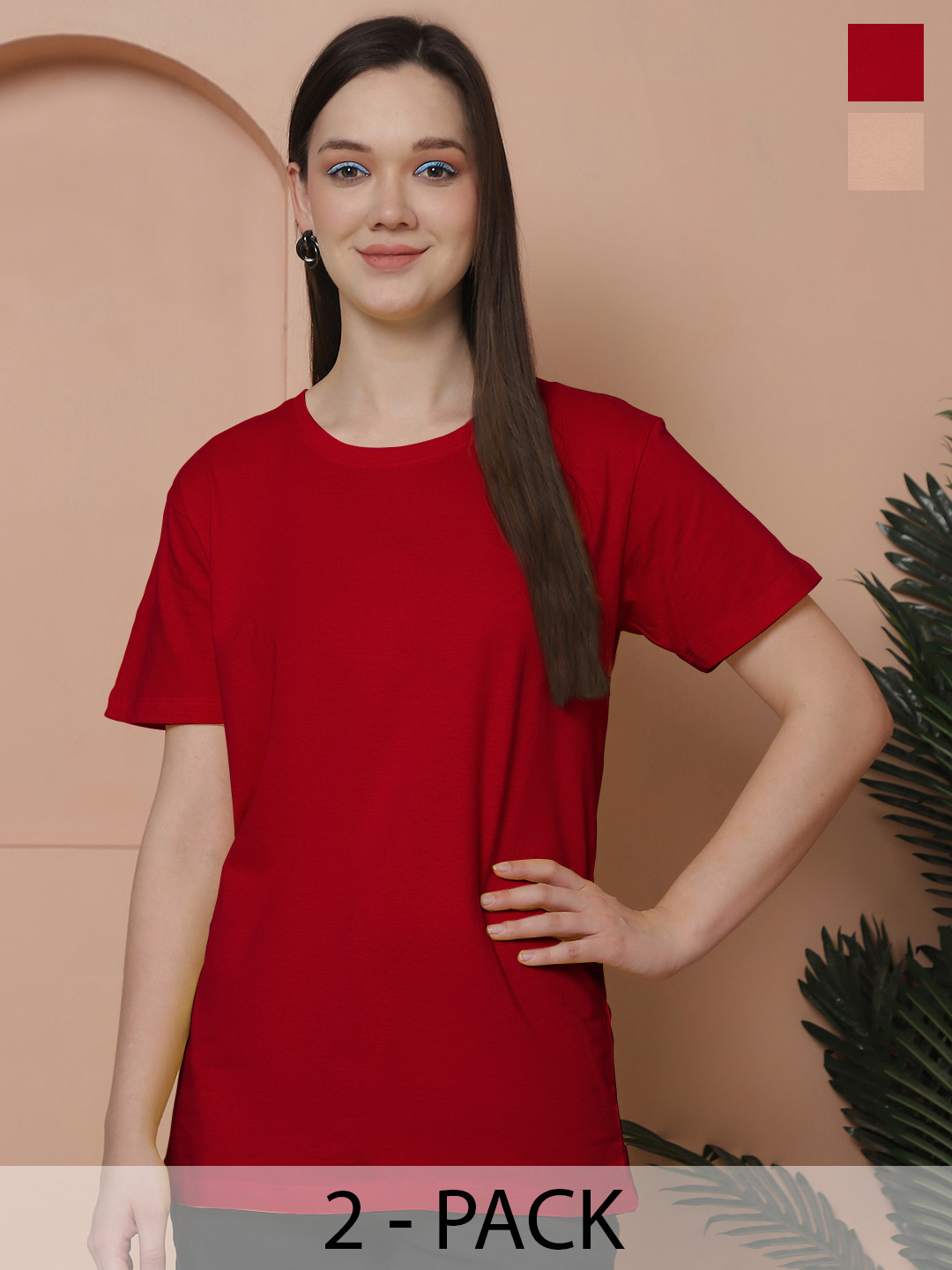 

Friskers Women Pack Of 2 Solid Pure Cotton Oversized T-shirts, Red