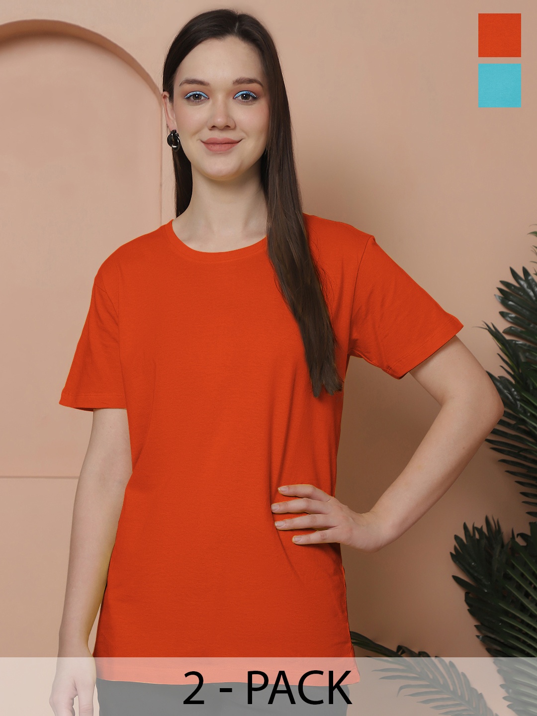 Friskers Women Pack Of 2 Solid Pure Cotton Oversized T-shirts, Orange