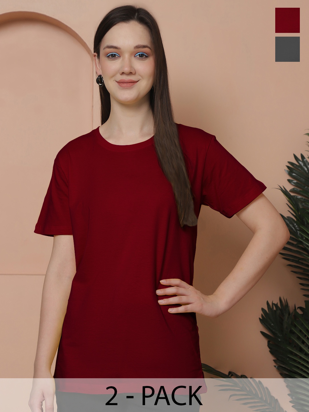 

Friskers Women Pack Of 2 Solid Pure Cotton Oversized T-shirts, Maroon