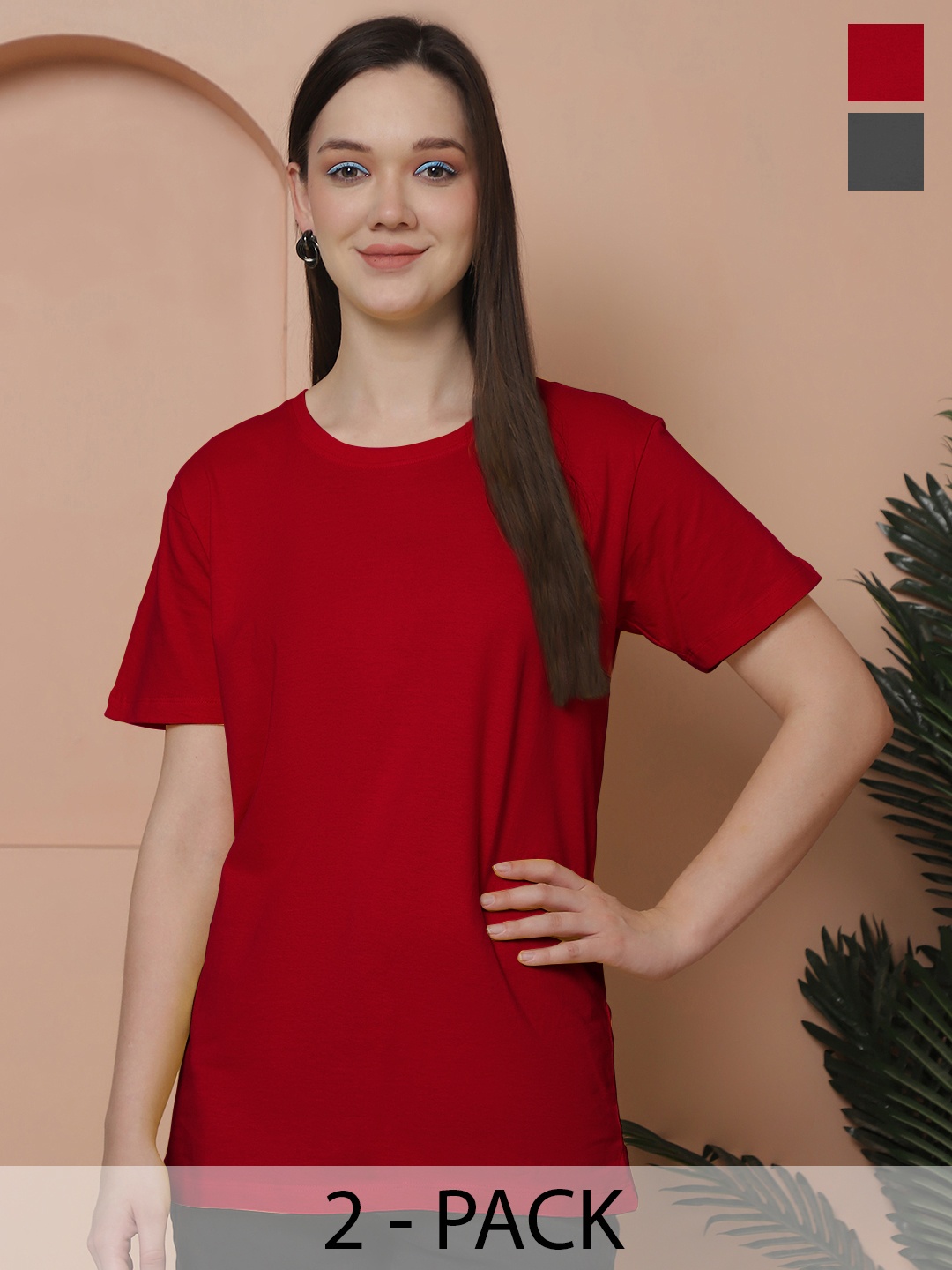 Friskers Women Pack Of 2 Solid Pure Cotton Oversized T-shirts, Red