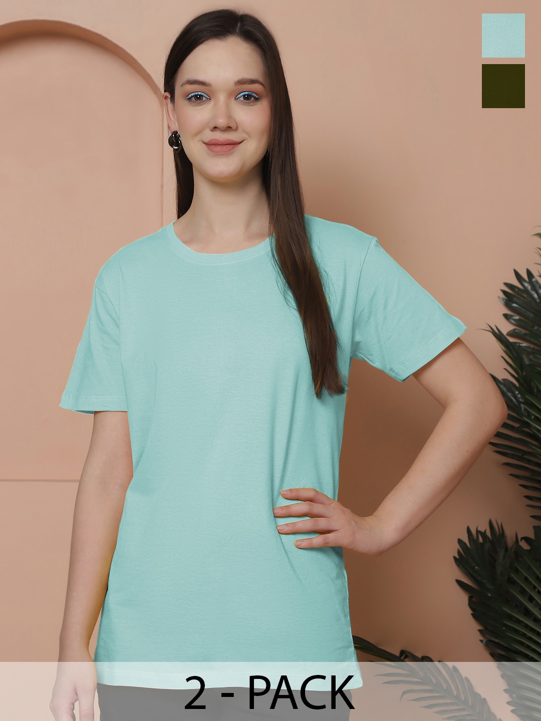 Friskers Women Pack Of 2 Solid Pure Cotton Oversized T-shirts, Sea green