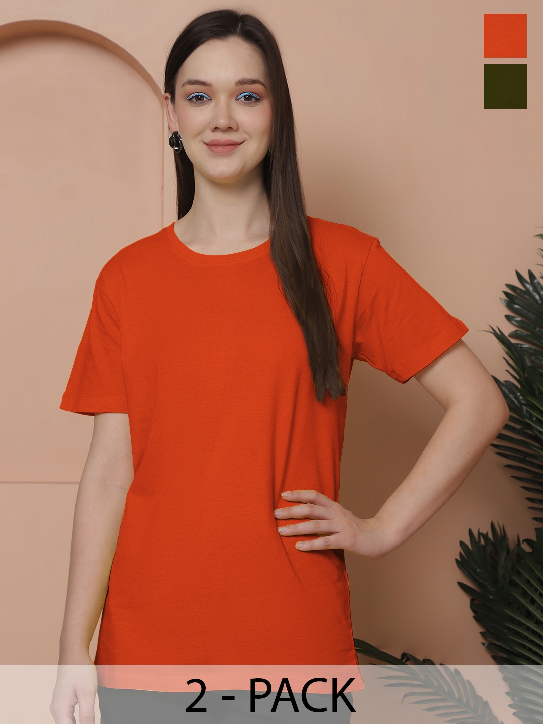 

Friskers Women Pack Of 2 Solid Pure Cotton Oversized T-shirts, Orange
