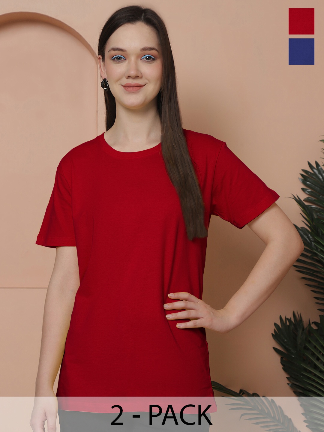 

Friskers Women Pack Of 2 Solid Pure Cotton Oversized T-shirts, Red