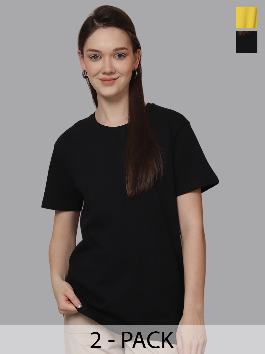 

Friskers Women Pack Of 2 Solid Round Neck Oversized T-shirts, Black