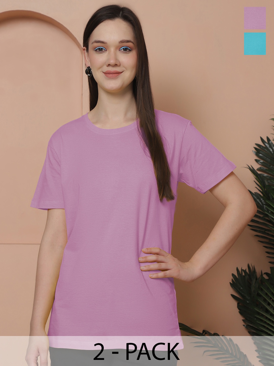 

Friskers Women Pack Of 2 Solid Pure Cotton Oversized T-shirts, Purple