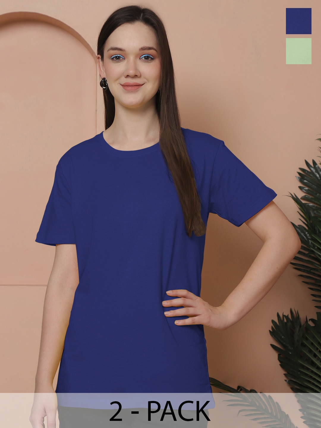 Friskers Women Pack Of 2 Solid Pure Cotton Oversized T-shirts, Blue