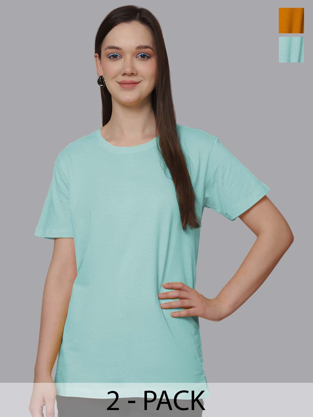 

Friskers Women Pack Of 2 Solid Round Neck Oversized T-shirts, Blue