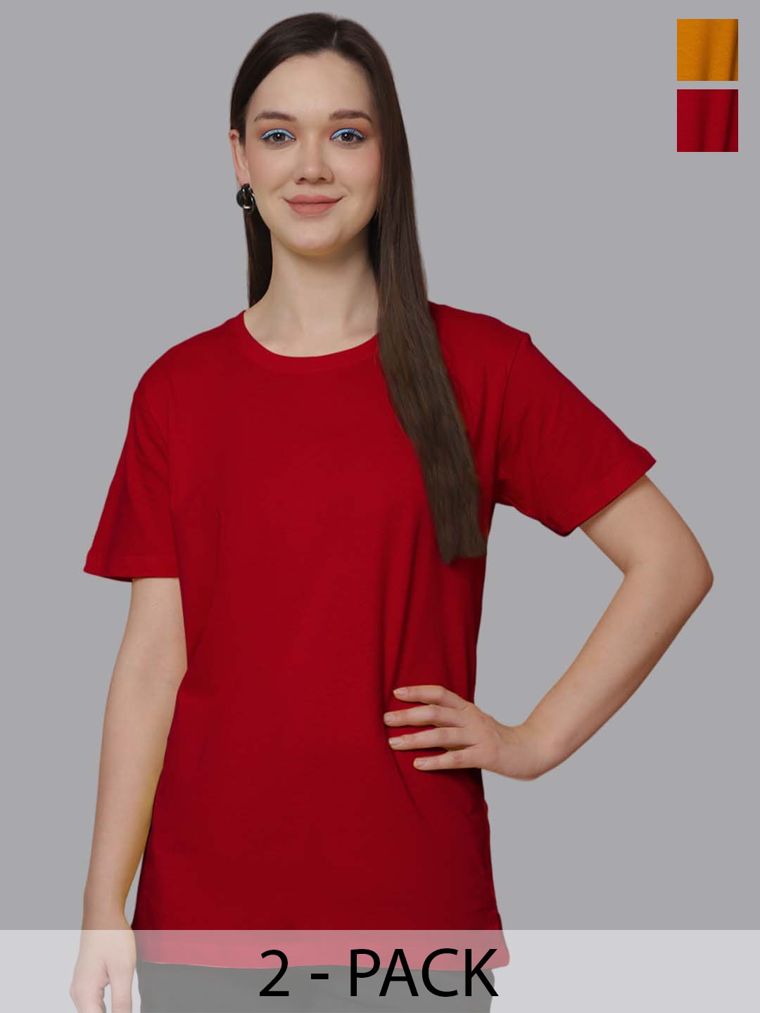 

Friskers Women Pack Of 2 Solid Round Neck Oversized T-shirts, Red