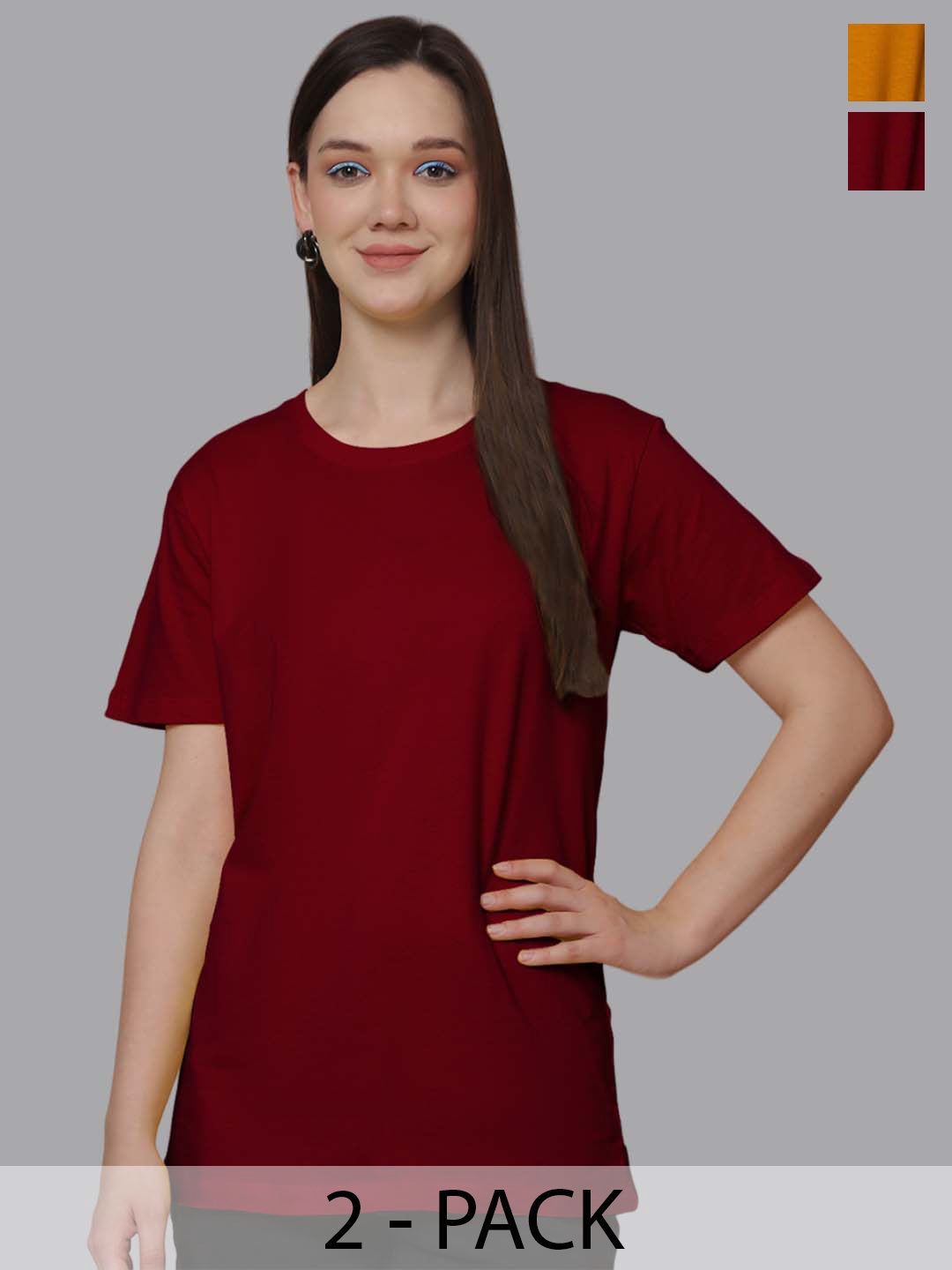 

Friskers Women Pack Of 2 Solid Round Neck Oversized T-shirts, Maroon