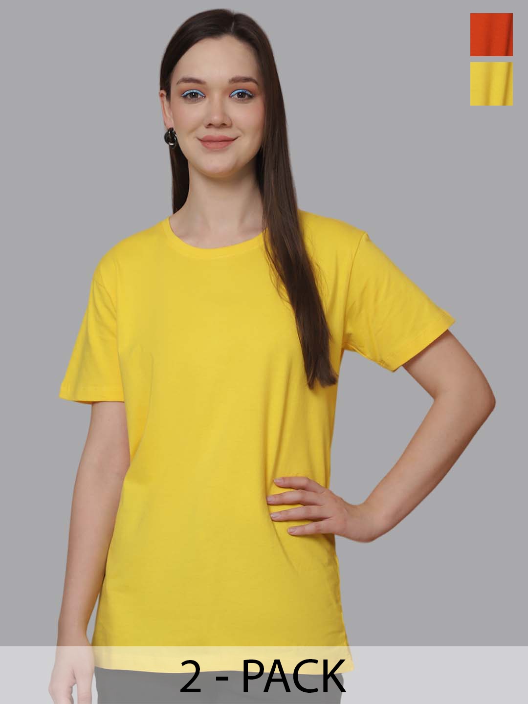 

Friskers Women Pack Of 2 Solid Round Neck Oversized T-shirts, Yellow