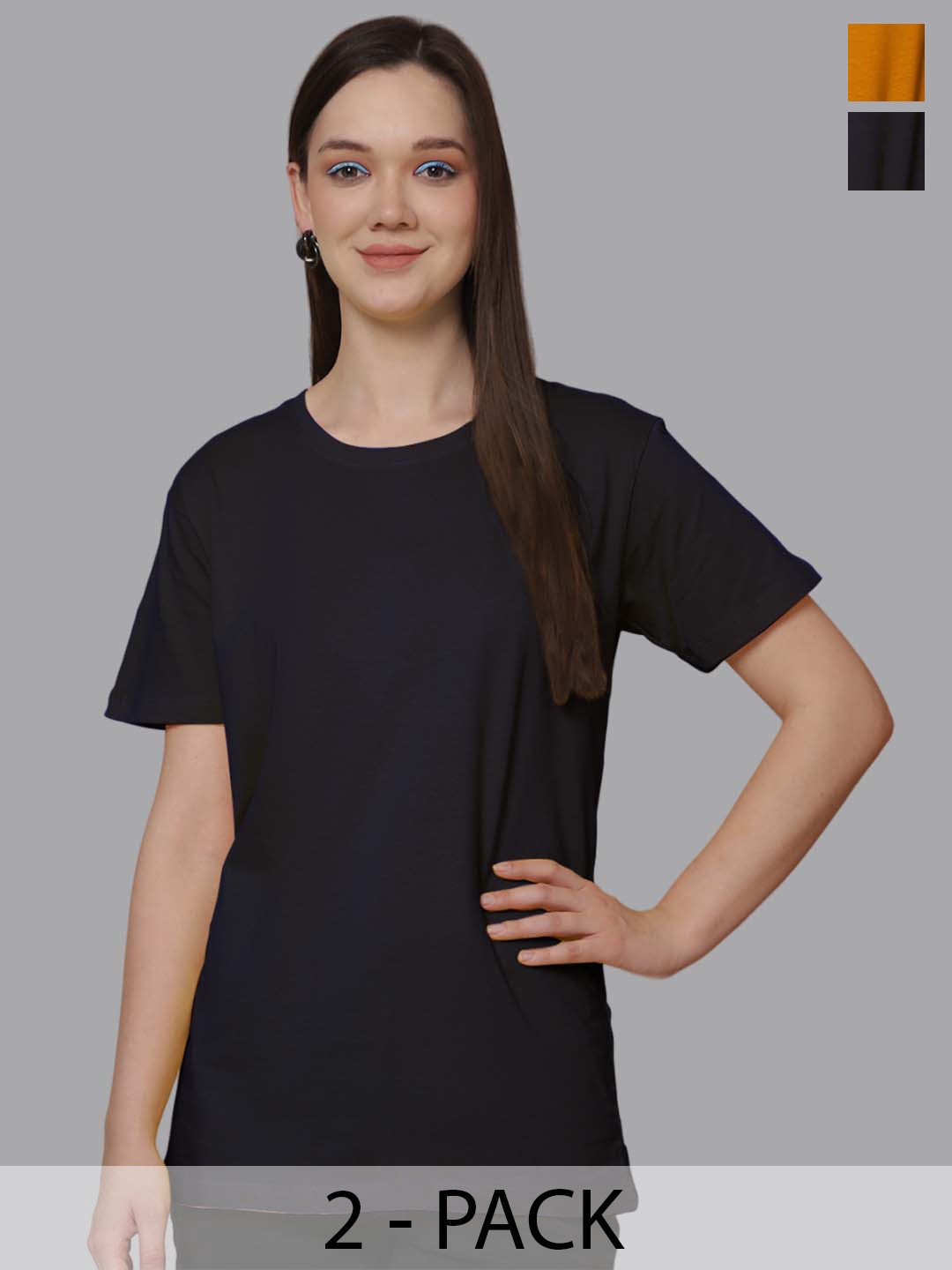 

Friskers Women Pack Of 2 Solid Round Neck Oversized T-shirts, Black