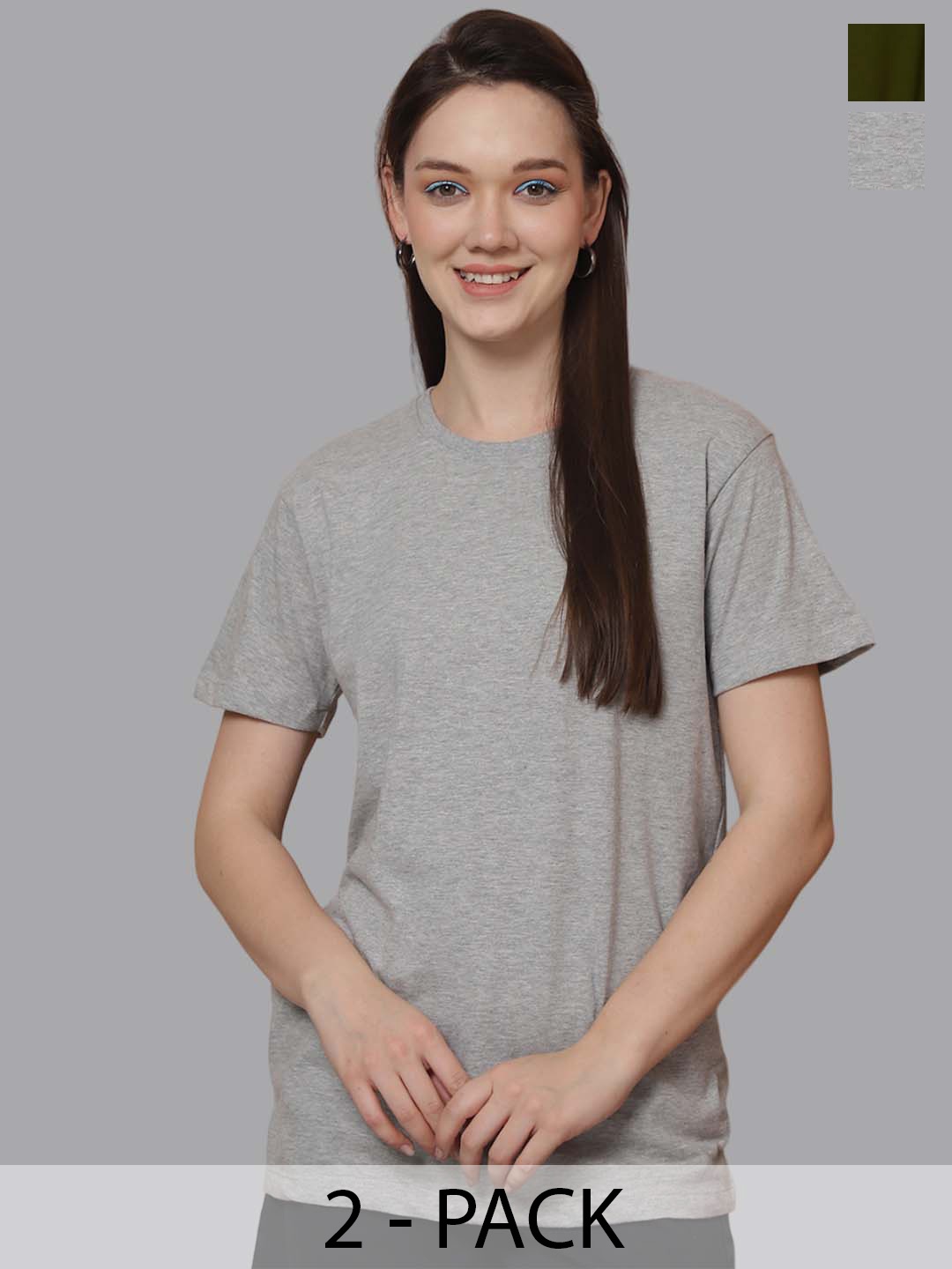 Friskers Women Pack Of 2 Solid Round Neck Oversized T-shirts, Grey
